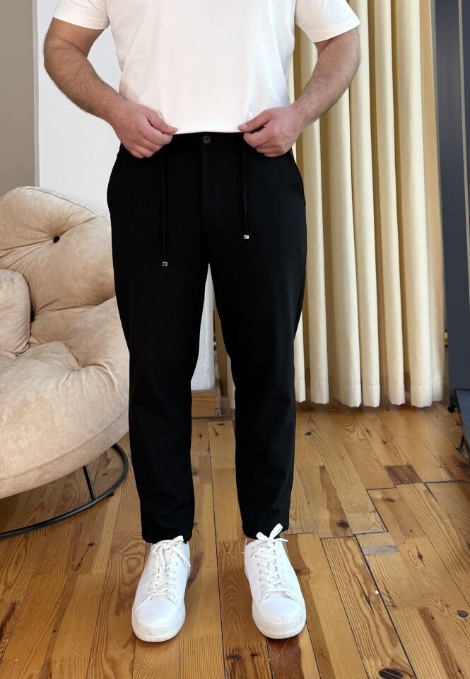 Belden Lastikli İpli Jogger - SİYAH
