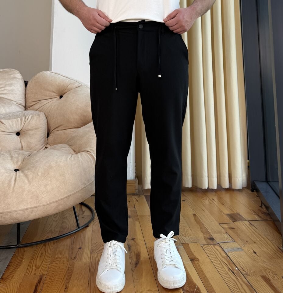 Belden Lastikli İpli Jogger - SİYAH