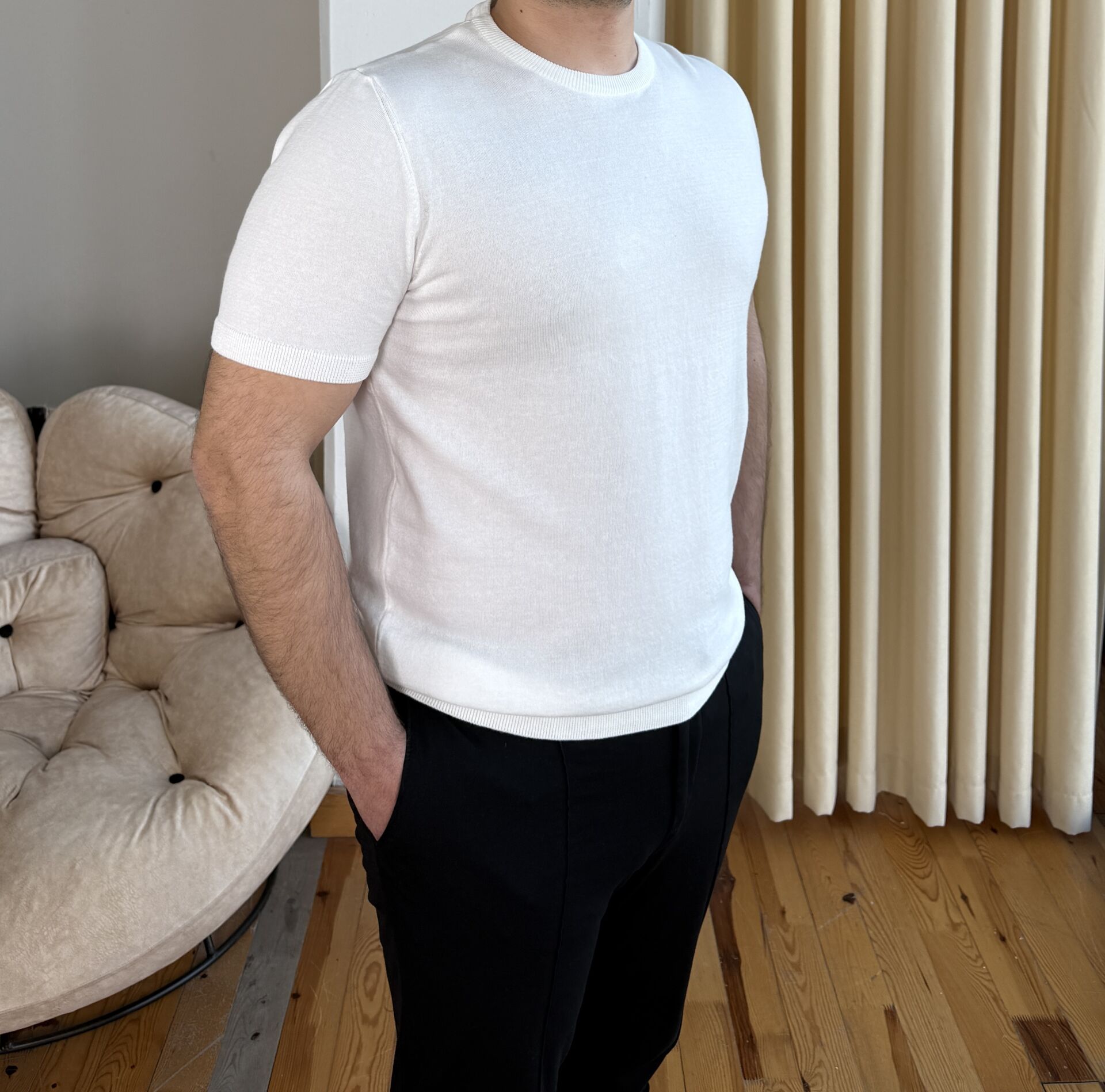 Premium Kalite İnce Triko T-Shirt - Beyaz