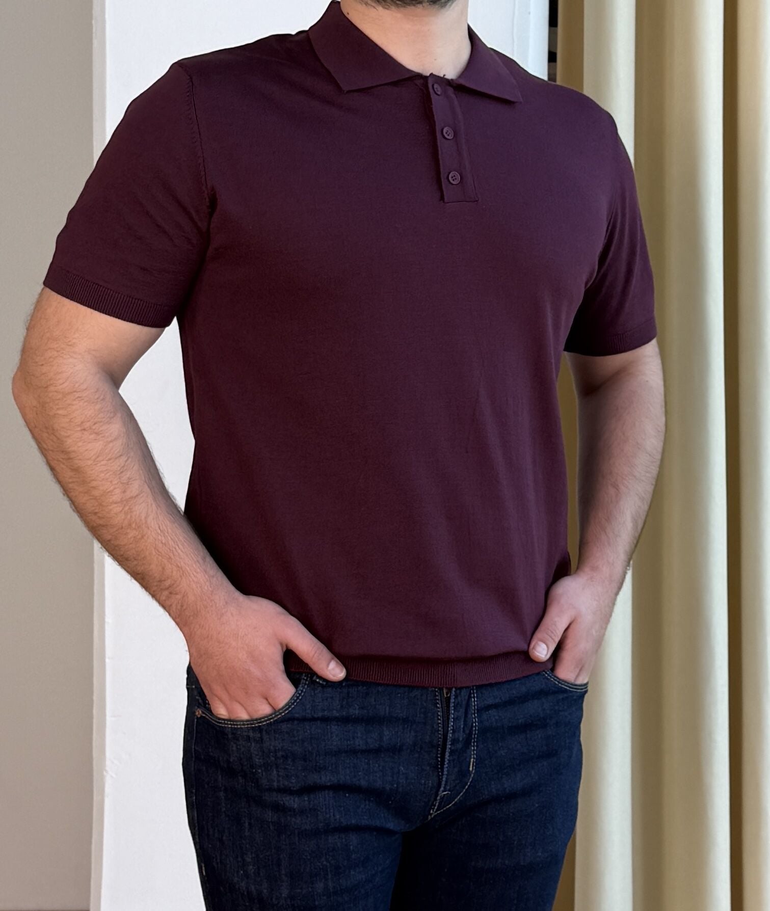 İnce Polo Yaka Triko T-Shirt - BORDO