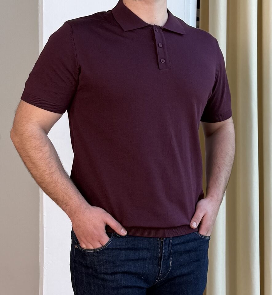 İnce Polo Yaka Triko T-Shirt - BORDO