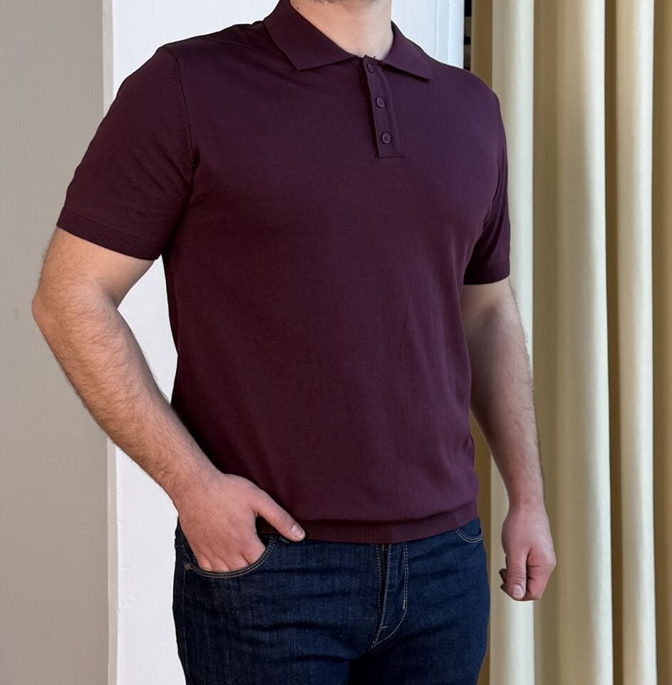 İnce Polo Yaka Triko T-Shirt - BORDO