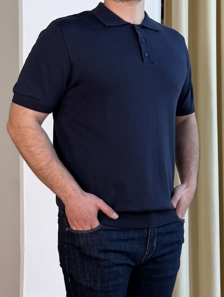 İnce Polo Yaka Triko T-Shirt - LACİVERT