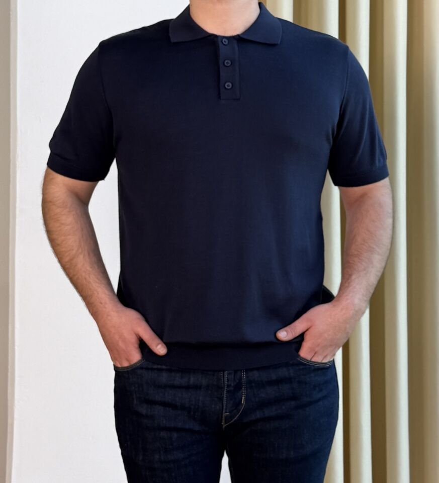 İnce Polo Yaka Triko T-Shirt - LACİVERT