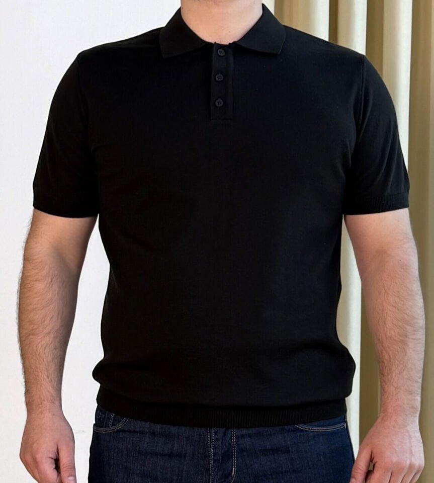 İnce Polo Yaka Triko T-Shirt - SİYAH