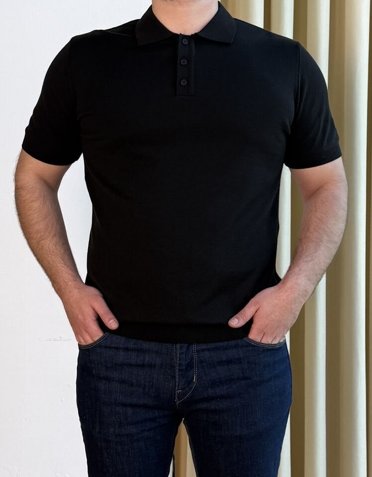 İnce Polo Yaka Triko T-Shirt - SİYAH