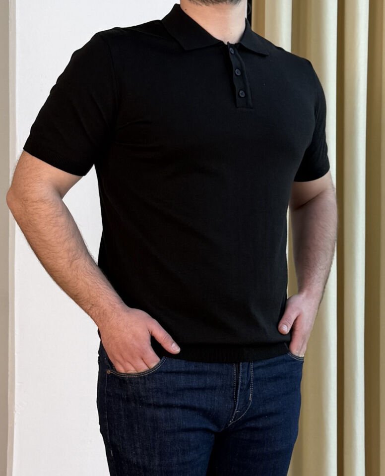İnce Polo Yaka Triko T-Shirt - SİYAH