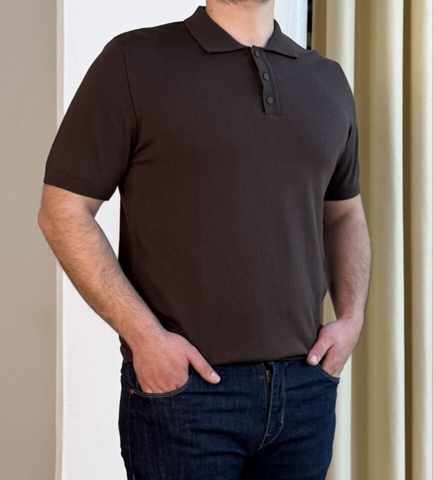 İnce Polo Yaka Triko T-Shirt - BRONZ KAHVE