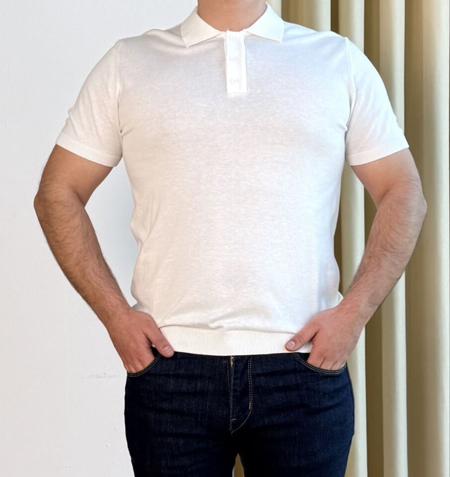 İnce Polo Yaka Triko T-Shirt - BEYAZ