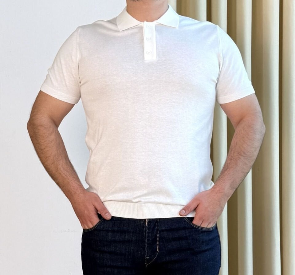 İnce Polo Yaka Triko T-Shirt - BEYAZ
