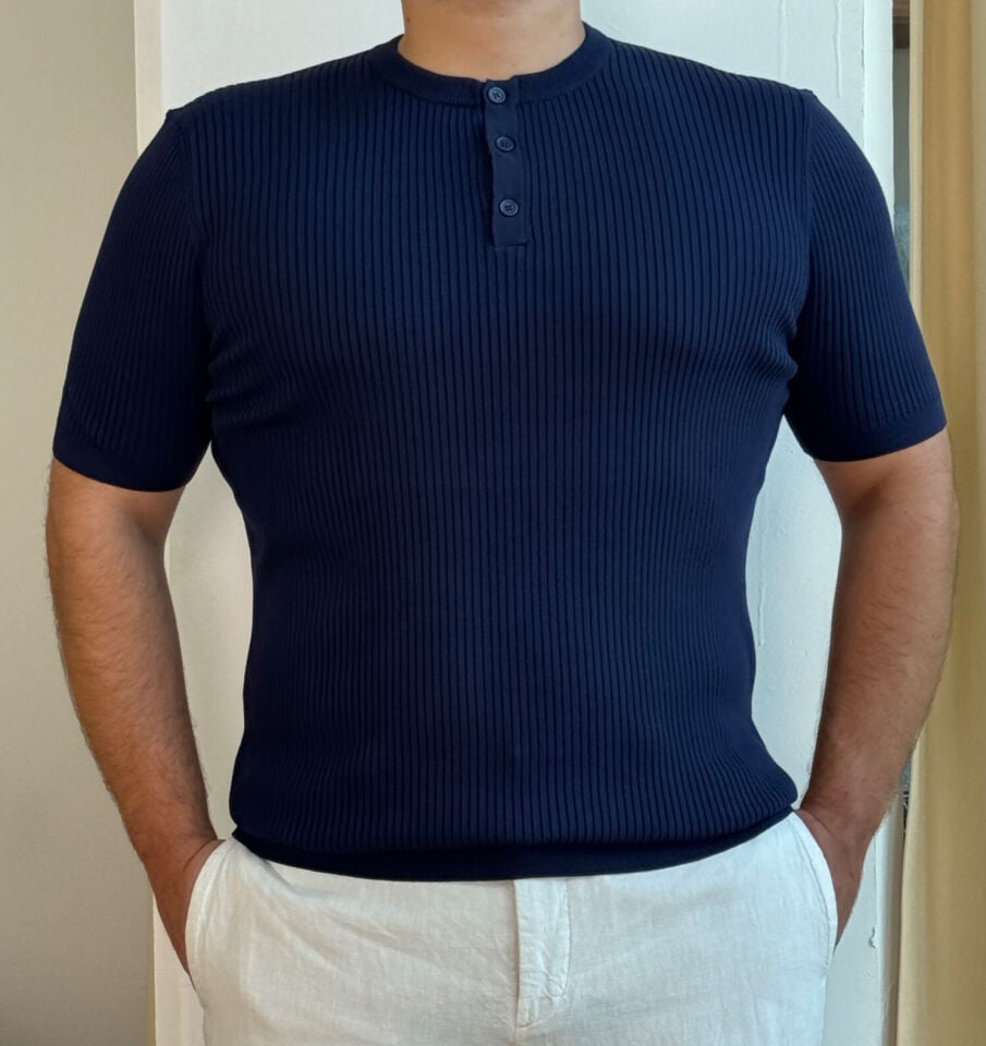 Fitilli Düğmeli Yaka İnterlok Tshirt - Lacivert