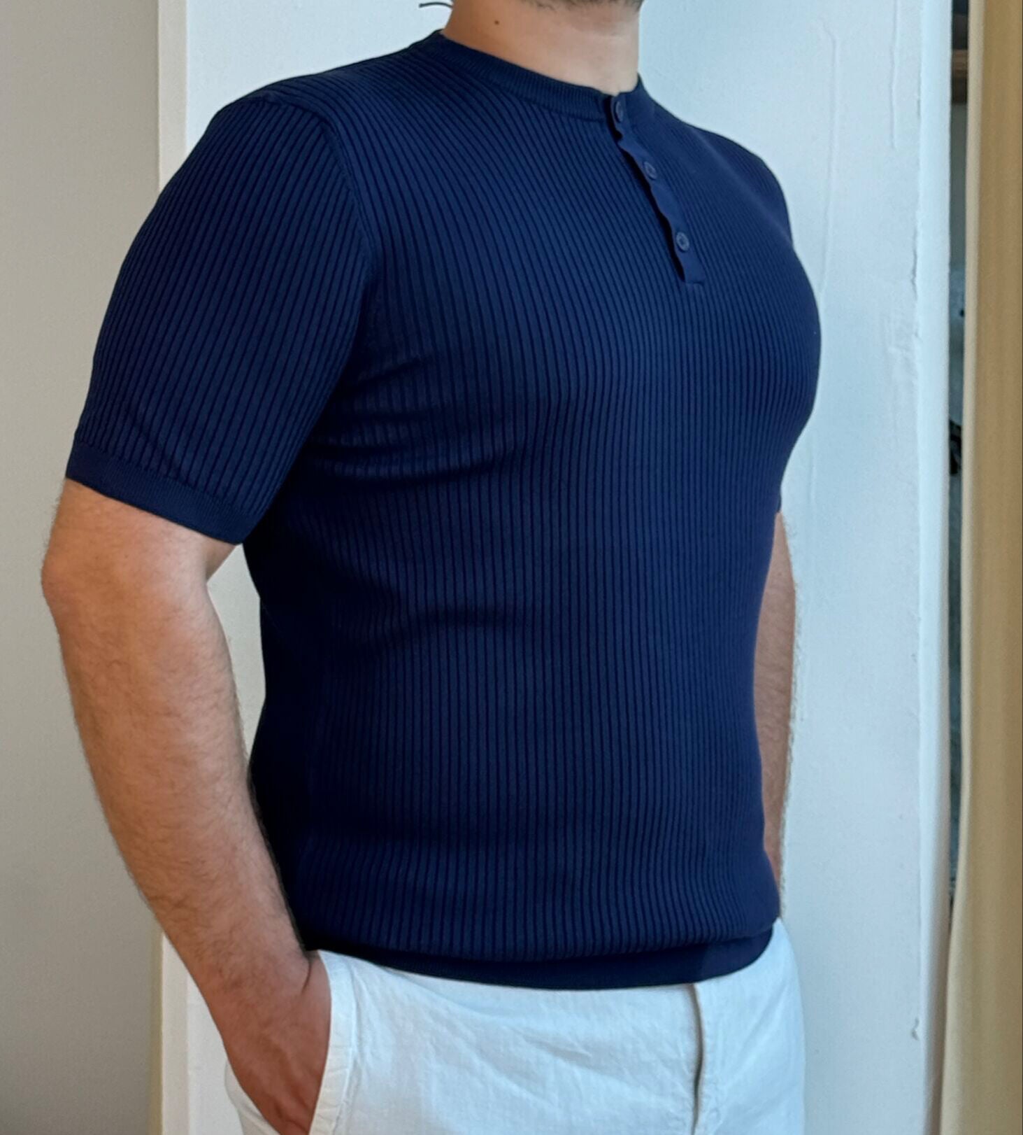 Fitilli Düğmeli Yaka İnterlok Tshirt - Lacivert