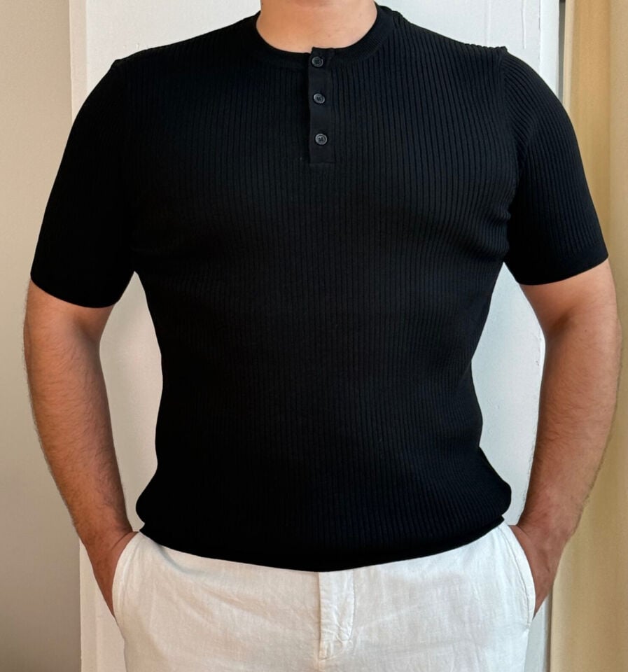 Fitilli Düğmeli Yaka İnterlok Tshirt - SİYAH