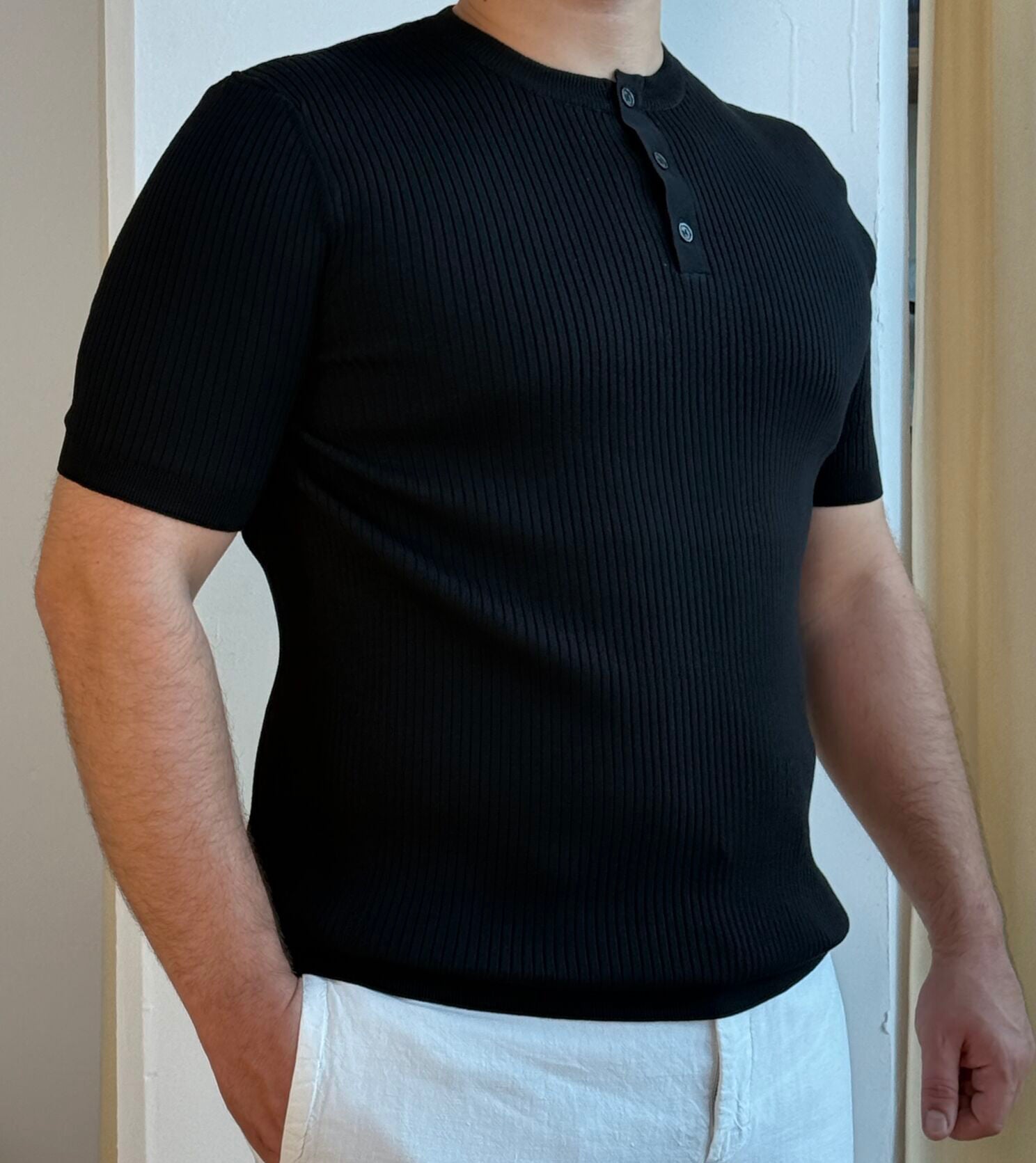 Fitilli Düğmeli Yaka İnterlok Tshirt - SİYAH