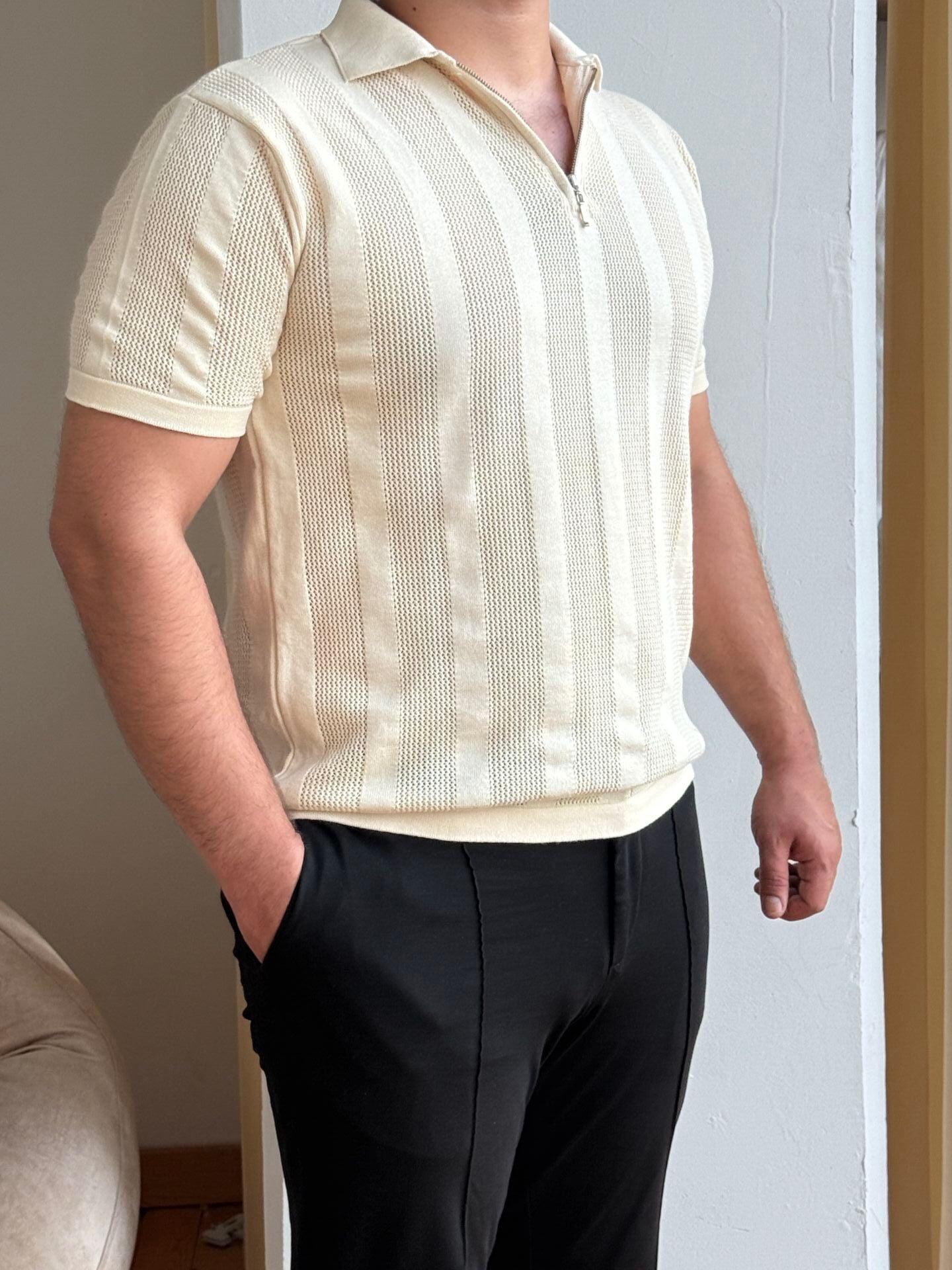 File Dokulu Triko Tshirt - BEJ