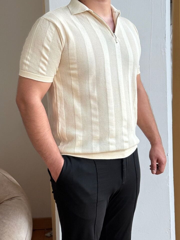 File Dokulu Triko Tshirt - BEJ